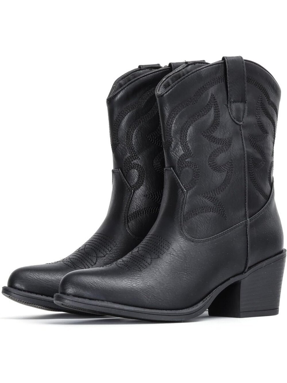 Women's All Black Wide Suede Ankle Western Cowgirl Boots Mid Calf Pointed Toe